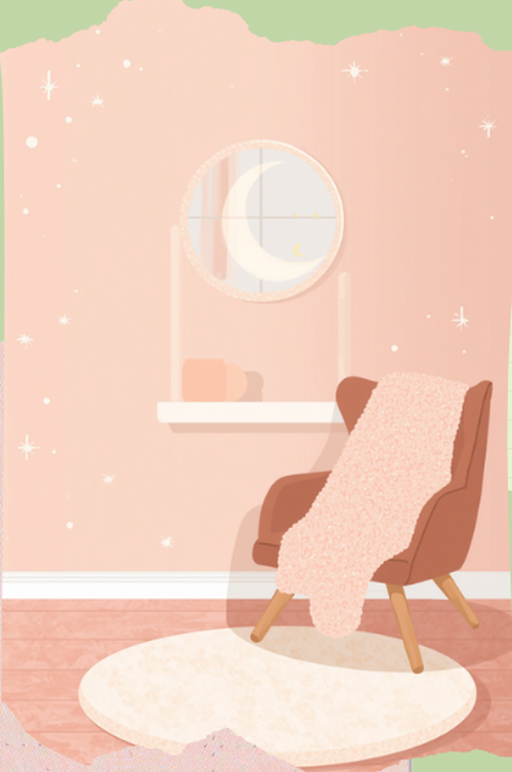 星と月が見える寝室の淡いピンクのイラスト