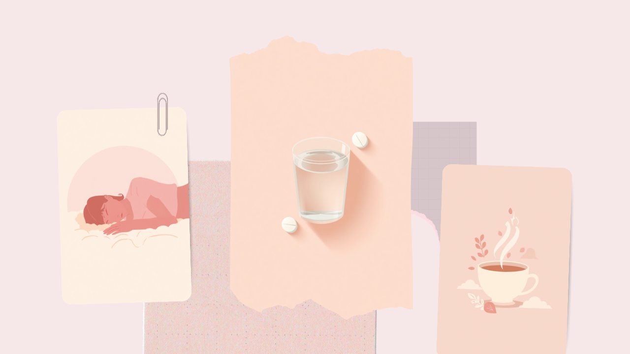 頭痛薬を飲むタイミングをあらわす、休む女性・水と錠剤・ハーブティーの淡いピンクのイラスト