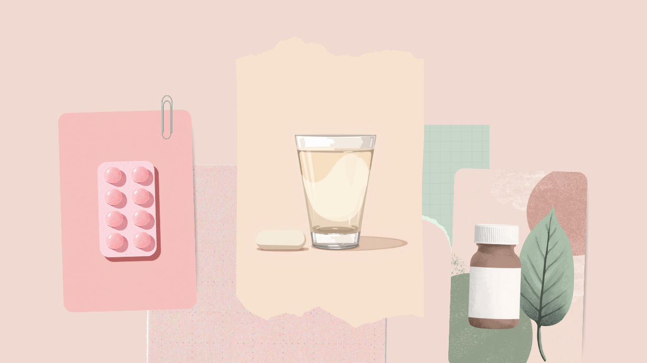 錠剤のシート・水の入ったコップ・薬のボトル・葉を描いた淡いピンクのイラスト