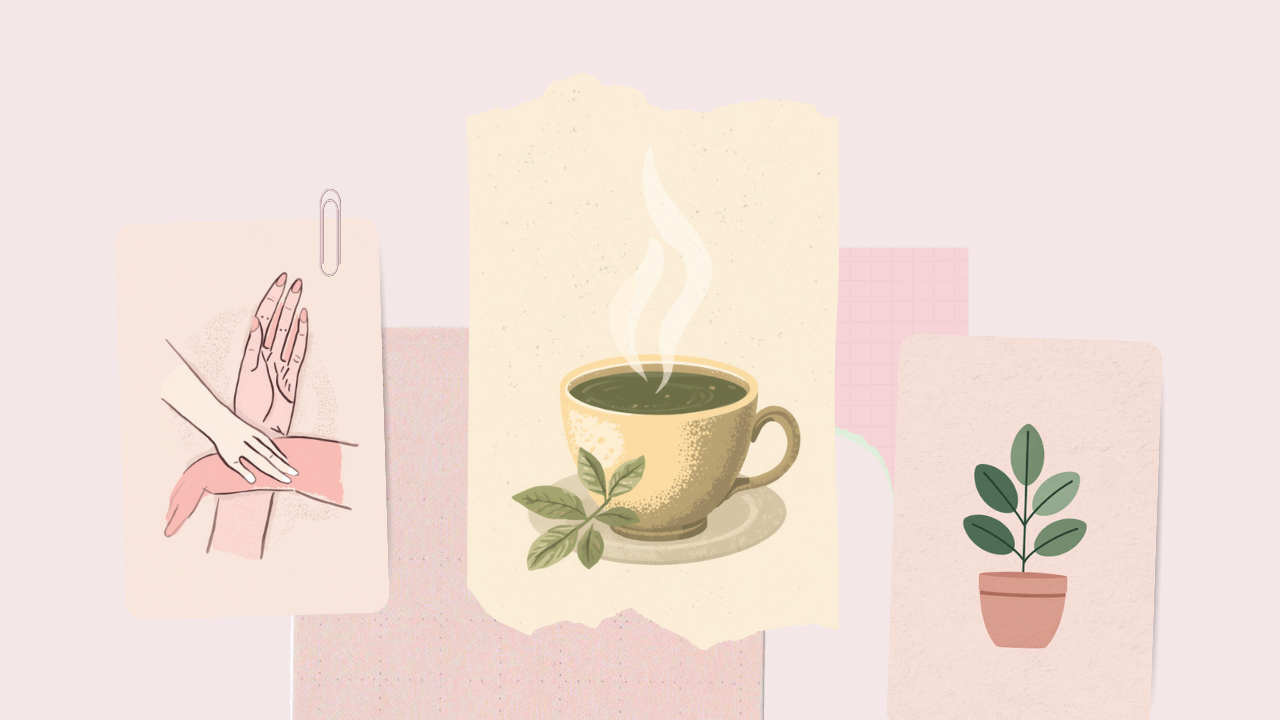 手のツボを押す様子・ハーブティー・観葉植物を描いた淡いピンクのセルフケアのイラスト