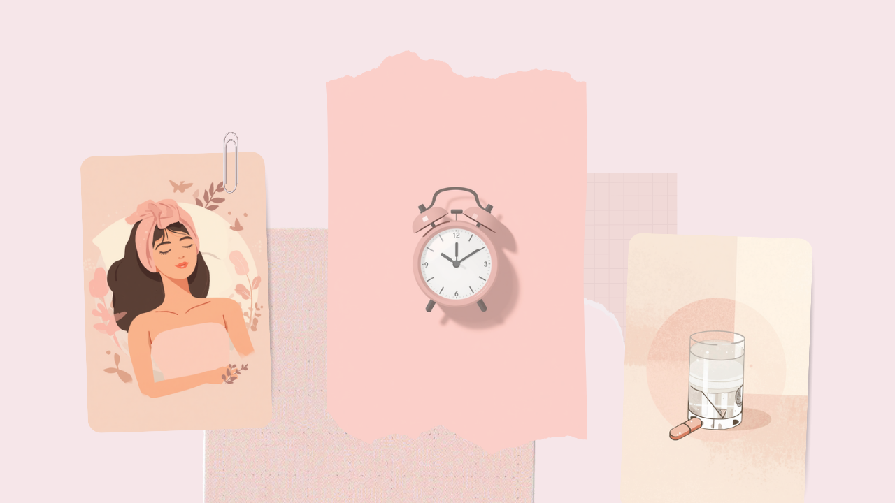 タオルを額にのせて休む女性と目覚まし時計、水と錠剤を描いた淡いピンクのイラスト