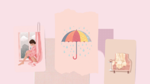 雨の窓辺でひざを抱える女性と傘、ブランケットをかけた椅子を描いた、天気で古傷が痛む日のイラスト