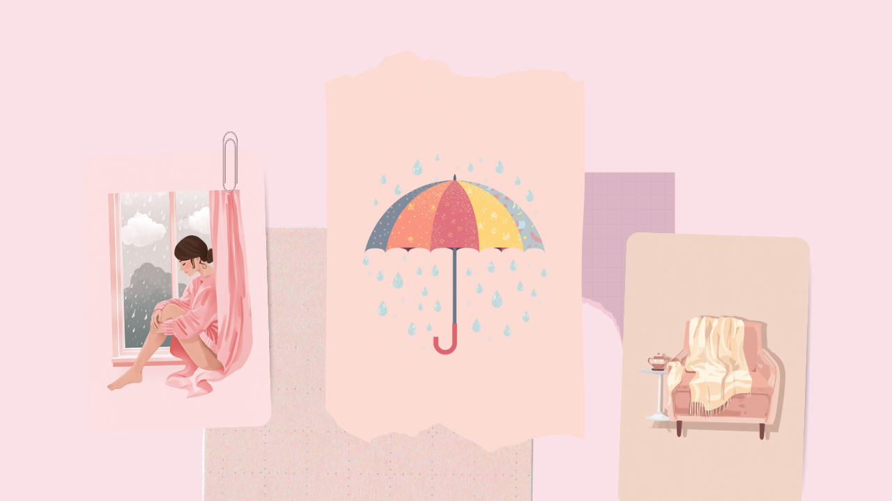 雨の窓辺でひざを抱える女性と傘、ブランケットをかけた椅子を描いた、天気で古傷が痛む日のイラスト