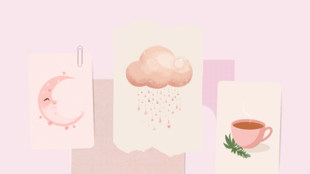 三日月と雨雲、ハーブティーを並べた、排卵日の頭痛と天気の関係をイメージしたイラスト
