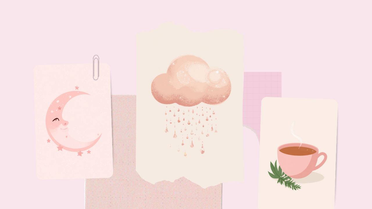 三日月と雨雲、ハーブティーを並べた、排卵日の頭痛と天気の関係をイメージしたイラスト