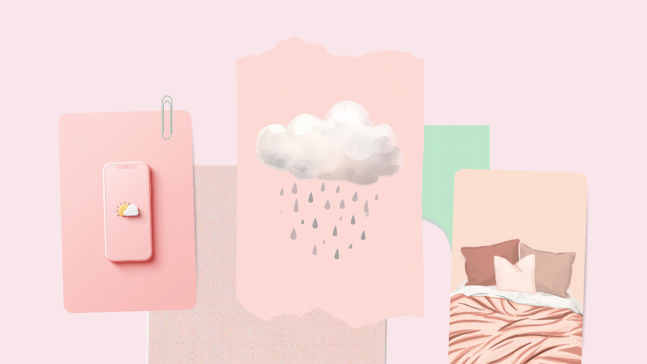 天気アイコンのスマートフォン、雨雲、ベッドを描いた、天気と生活リズムを意識した予防習慣のイラスト