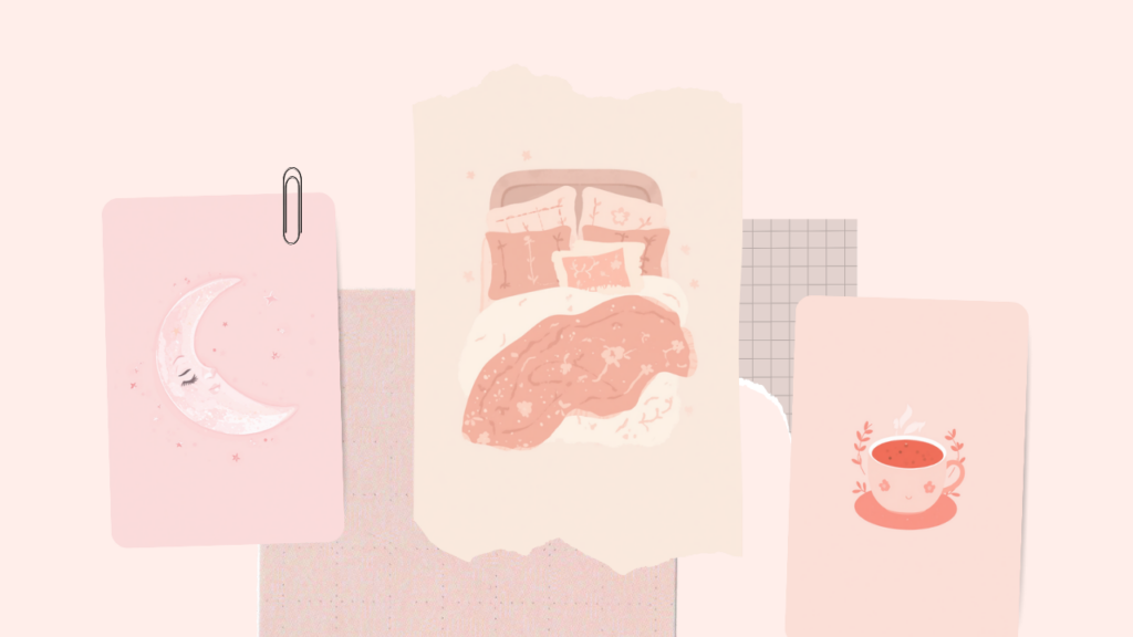 月とベッドとハーブティーのやさしいピンクのイラスト