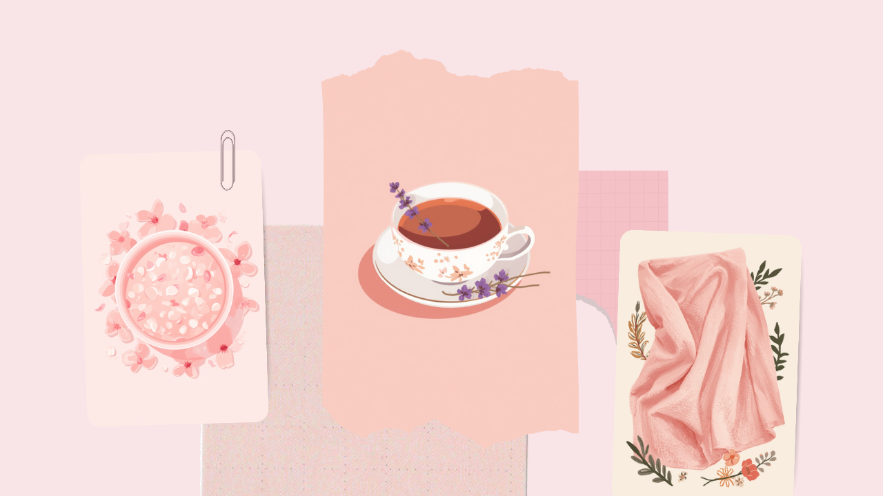 ハーブティーと入浴剤とやわらかなブランケットのイラスト