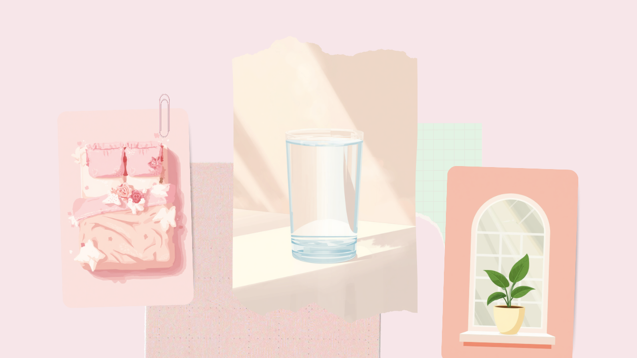 ベッド・お水・窓辺の植物を描いた、しびれを防ぐ生活習慣のイラスト